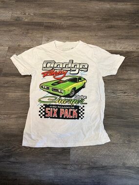 Dodge Racing Charger Graphic Tee in White with Lime Green Car
